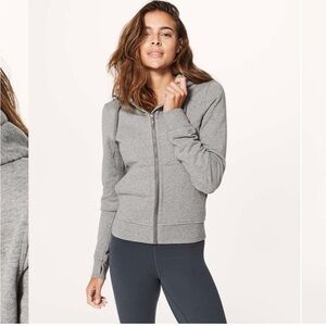 Lululemon Press Pause Jacket, thumb holes, hood, Heathered Grey, 4